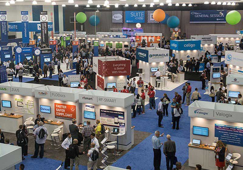 Numerous business booths at an event
