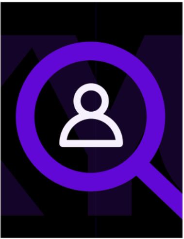 Purple magnifying glass icon with person icon inside.